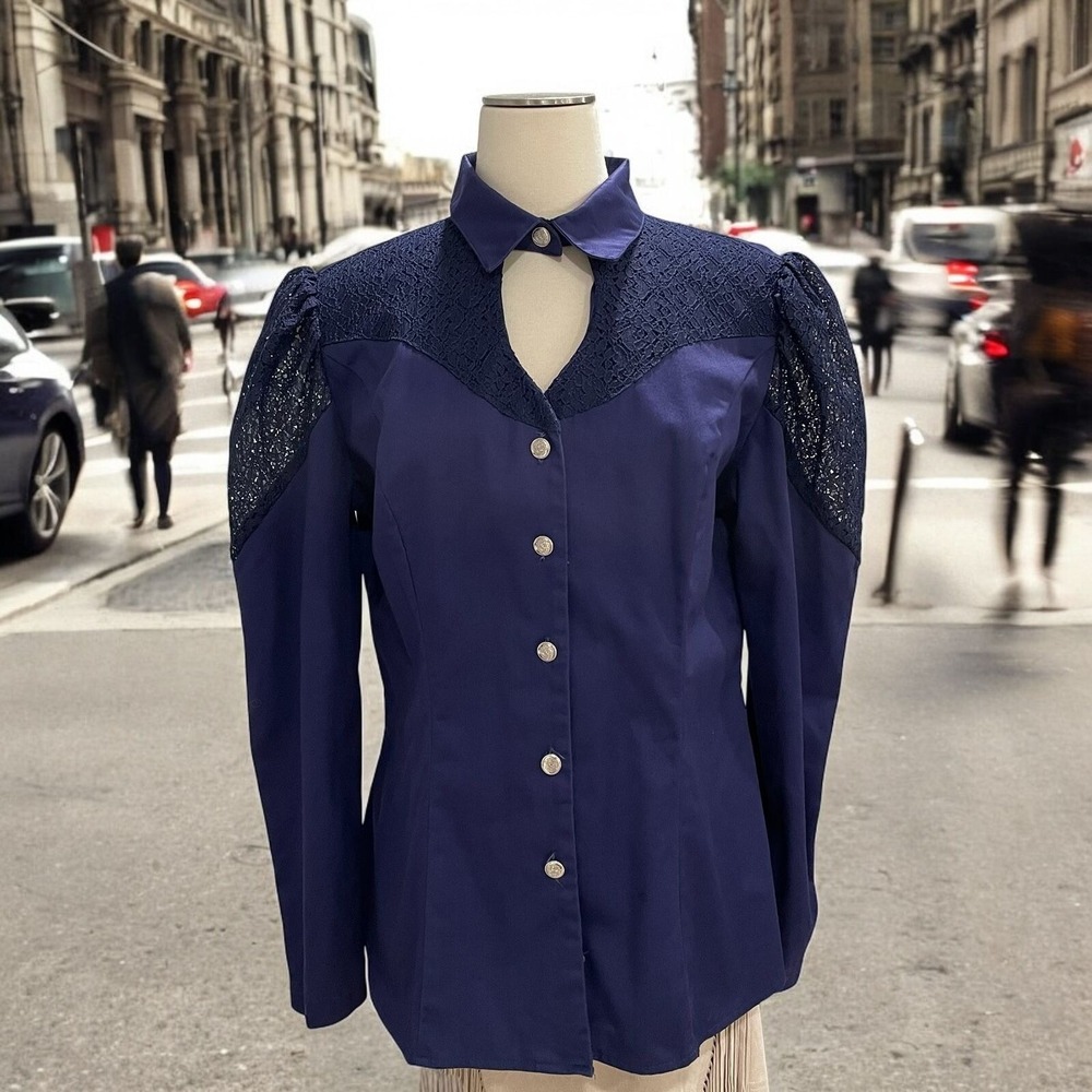 Vtg Banjo Western Shirt L Lace Yoke Puff Sleeves Pearl Snaps Festival Rodeo Boho